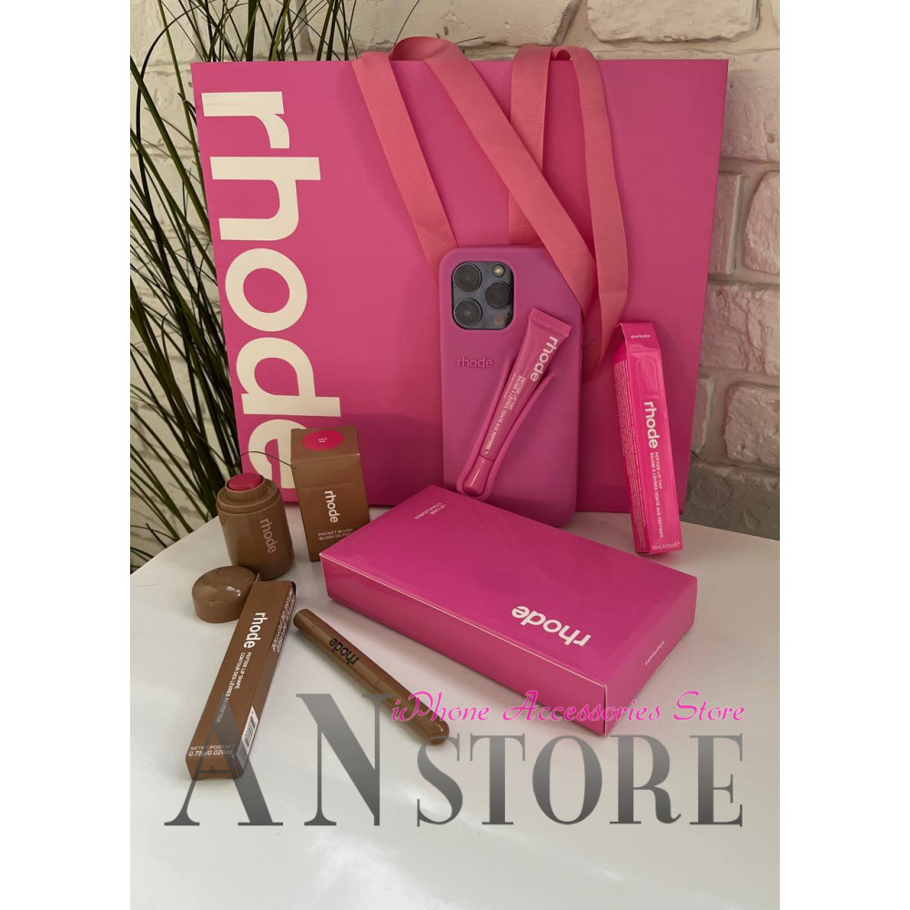 Подарочный набор Rhode Shortcake розовый: чехол для iPhone, блеск, карандаш и румяна